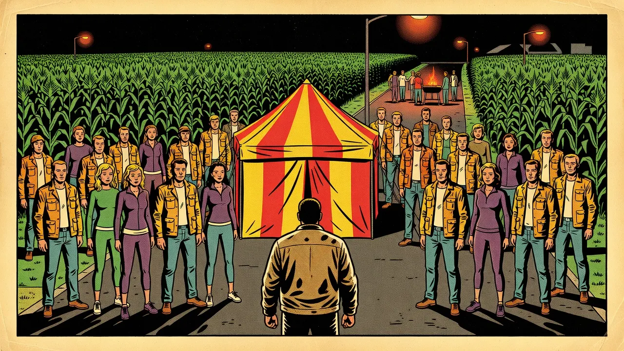 At night under streetlights, a red-and-yellow striped tent stands in a cleared patch of cornfield, ringed by rows of motionless men in work jackets and women in workout clothes.