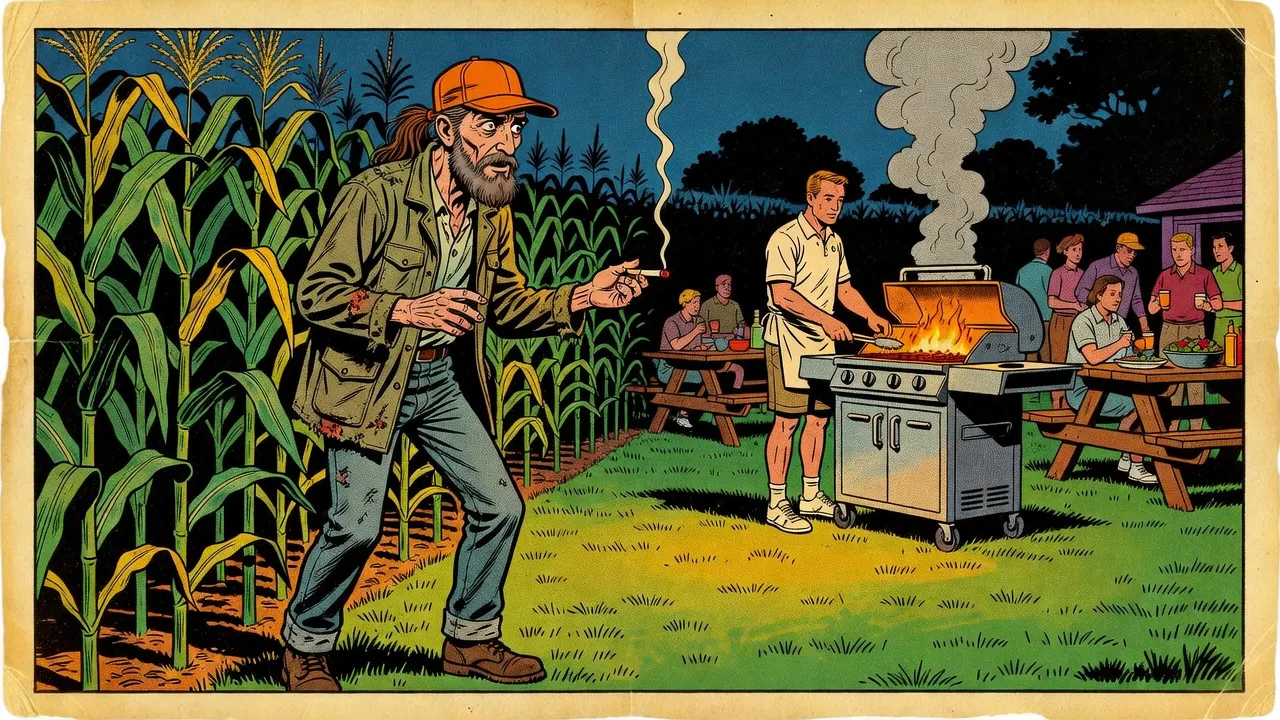 At night on the edge of a cornfield, a gaunt older man in an orange cap and battered army jacket, a joint in his fingers, beckons from between the corn stalks, a suburban barbecue glowing behind him.