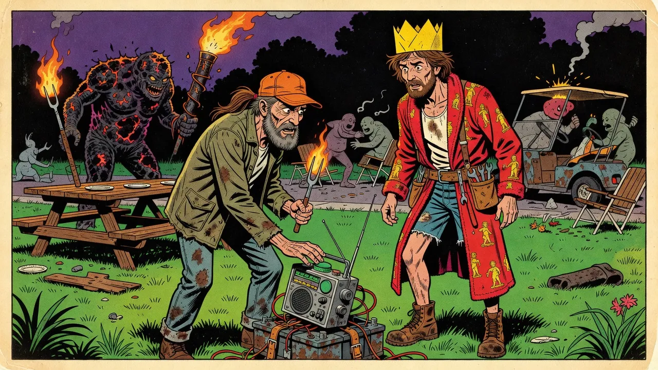 A gaunt man in an orange cap slams a button on a battered radio wired to heavy batteries while behind him a charred monster with a smokestack for an arm belches fire over a wrecked barbecue and a creature fused to a golf cart rolls down the street.