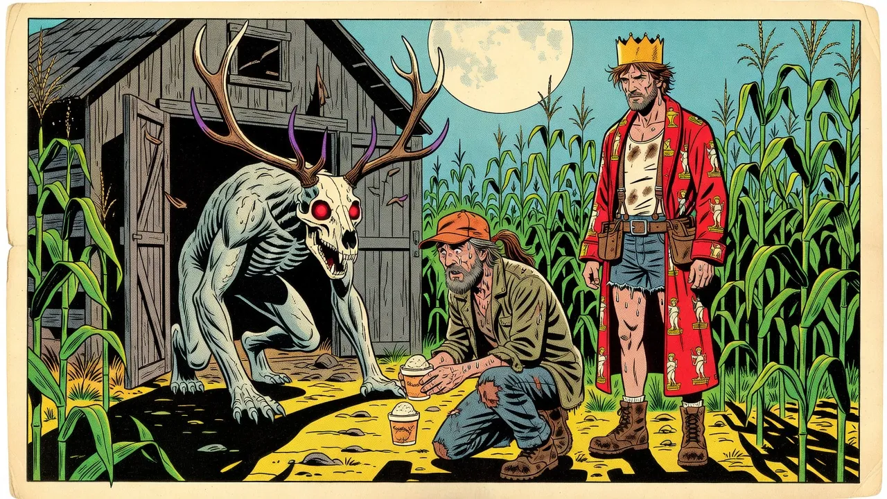 Under a full moon in a cornfield clearing, a gaunt eight-foot creature with a wolf’s skull and elk antlers crawls out of a ruined barn on all fours toward a man in an orange cap who sets down a carton of ice cream.