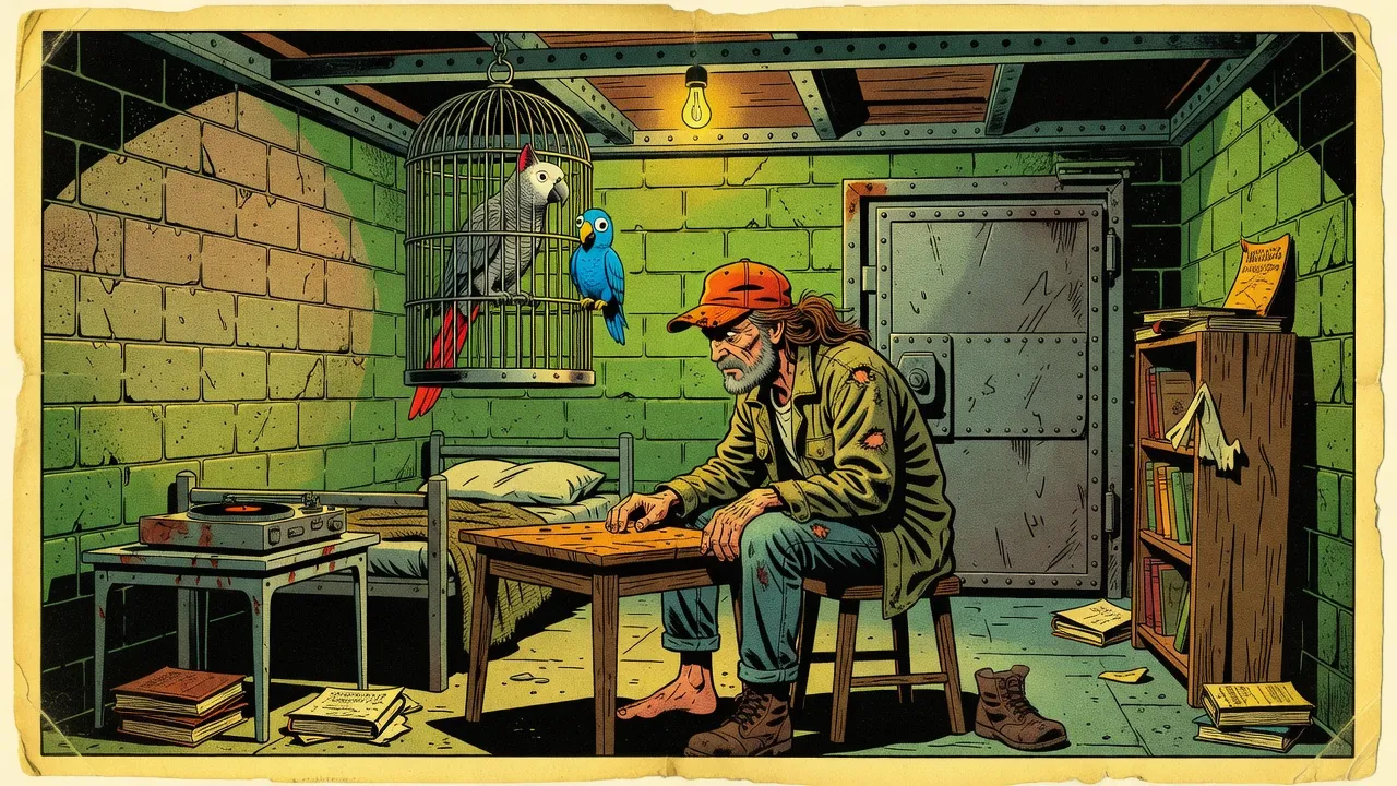 In a cinder-block bunker, a big gray parrot with red tail feathers eyes a rubbery blue parrot with googly eyes perched on its hanging cage, while a gaunt man in an orange cap sits at a rickety table.