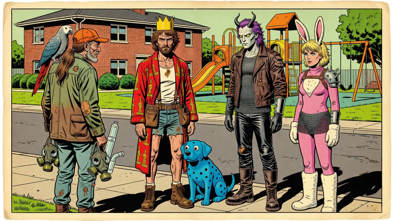 A gaunt man with a parrot on his shoulder, a bearded man in a paper crown and red bathrobe, a scaled horned man, a woman in a pink bunny suit and a blue rubber dog stand on a sunny sidewalk before a tidy brick preschool and its deserted playground.