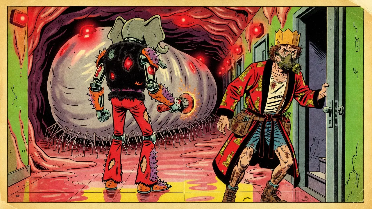 In a pink, fleshy school corridor lit by red alarm lights, a bearded man in a gas mask and paper crown shoulders open a steel door while a robot bear with an elephant’s head stands braced before a colossal pale shape that fills the far end of the hall in shadow.