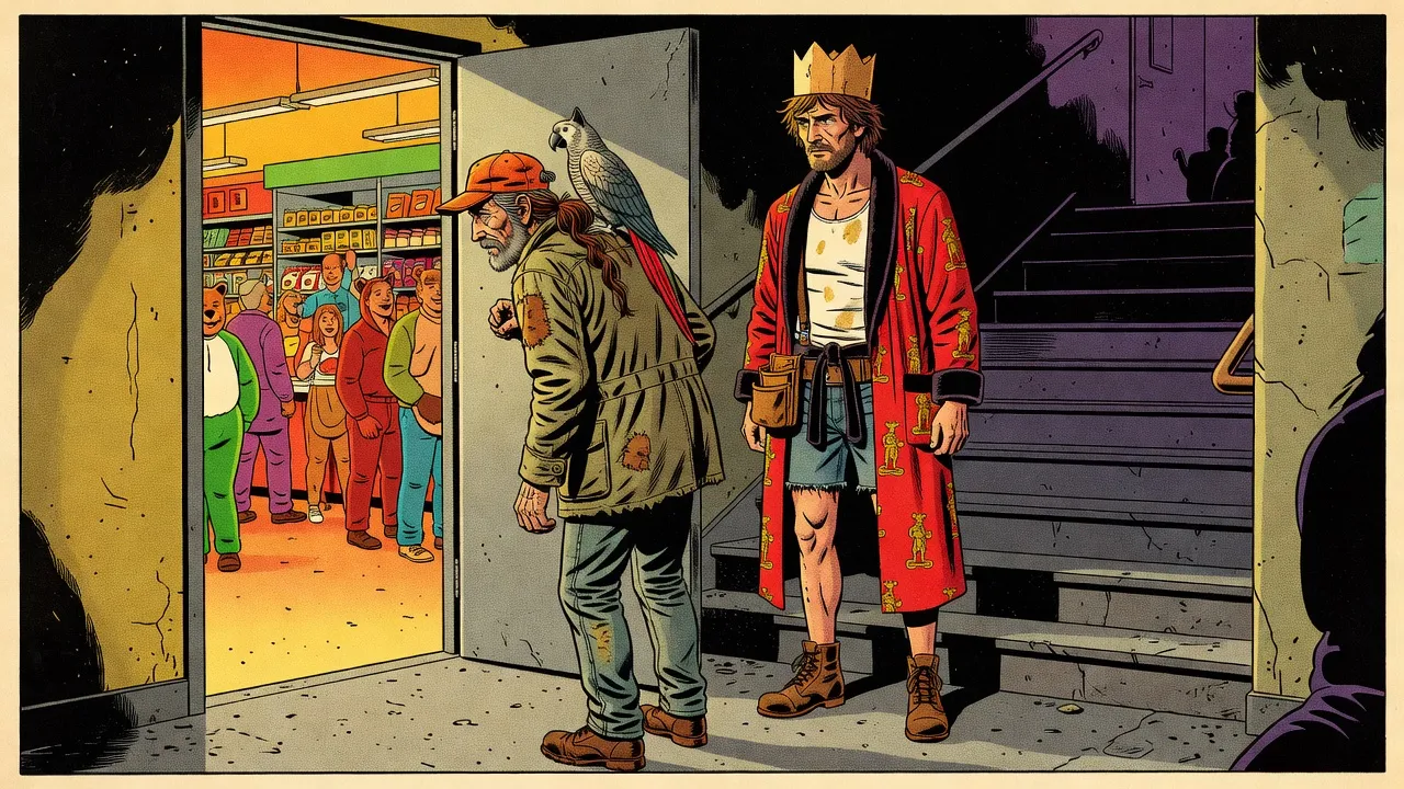 A gaunt man in an orange cap and army jacket stands in a gray concrete doorway, shoulders shaking, looking into a bright, busy store full of shoppers eating pizza.