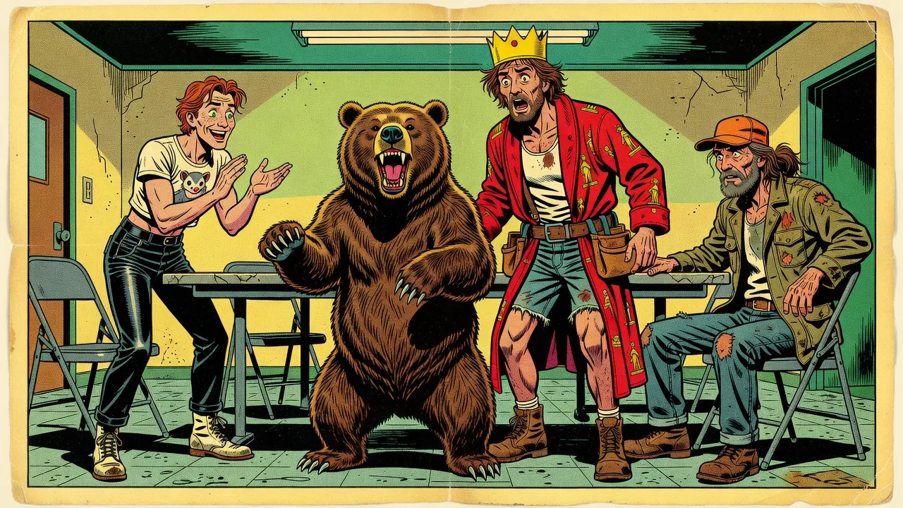 In a staff breakroom, a hulking grizzly bear with gleaming steel teeth and claws rears beside a table while a red-haired man in a crop top claps in delight and a bearded man in a red bathrobe stares.