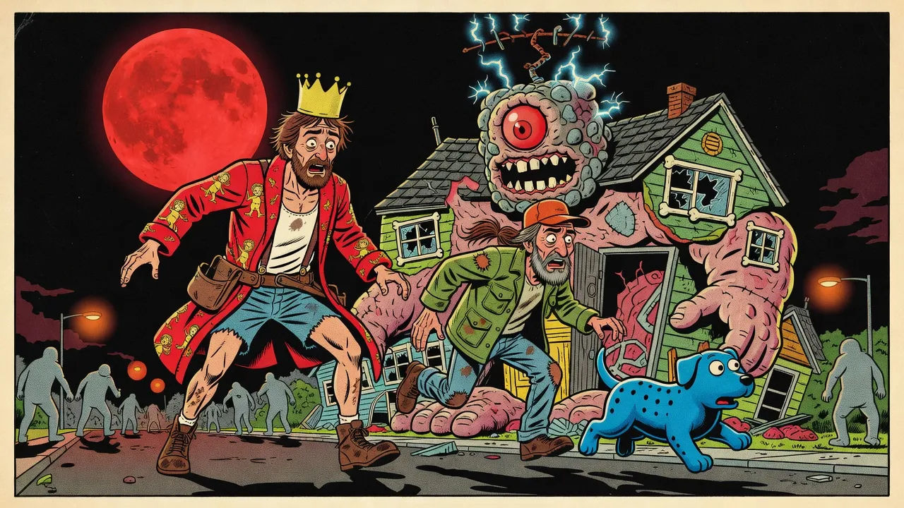 Under a huge blood-red moon, a three-storey giant built from houses, with one enormous eye, a wide toothy mouth and a sparking radio tower for a crown, looms over a suburban street as a bearded man in a paper crown, a gaunt man in an orange cap and a blue rubber dog scramble out of a door in its side.