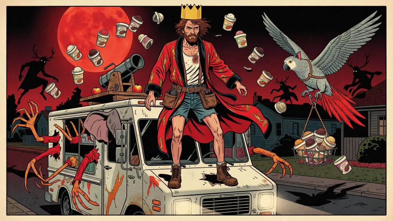 A bearded man in a red robe and paper crown stands on the roof of a battered ice cream truck sprouting monster limbs, an apple cannon beside him and cartons of ice cream circling him, as a gray parrot flies in with a wire basket under a red moon.