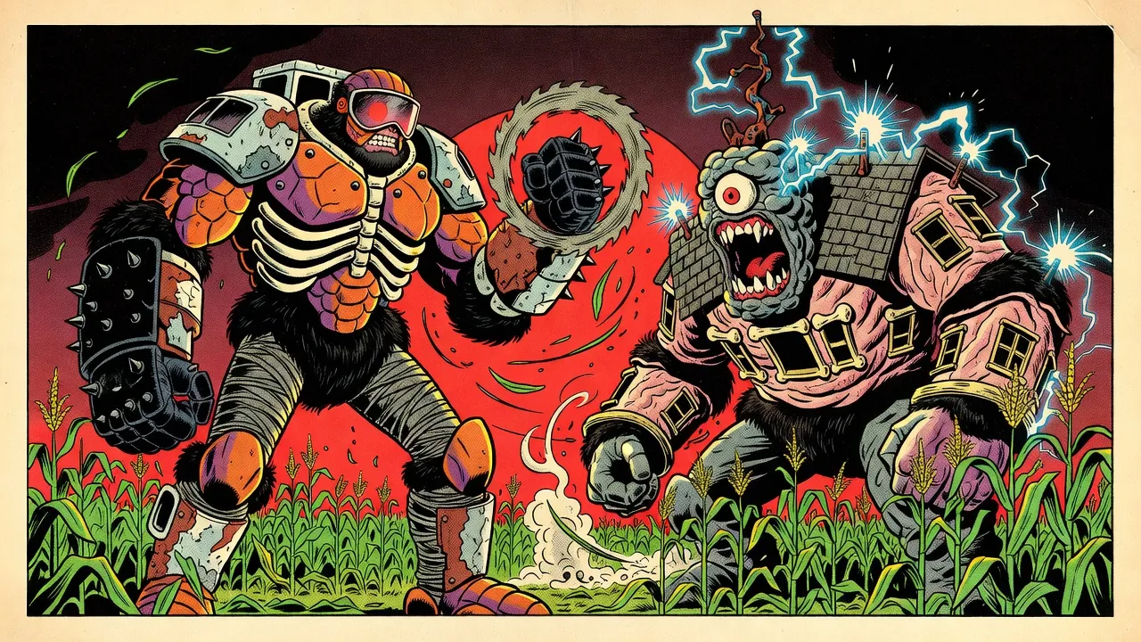 In a moonlit cornfield, a twenty-foot armoured giant patched from crab shell, bone and white truck panels, a spiked black gauntlet on one fist and a huge buzz saw on the other arm, squares up to a house-sized monster with one eye and a radio tower for a crown.