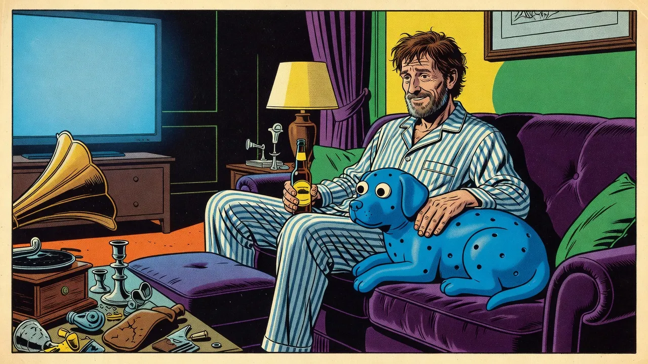 In a hotel suite lit by a television’s glow, a bearded man in pyjamas sits on a velvet sofa with a beer while a blue rubber dog with googly eyes lies curled beside him, its head on his leg.