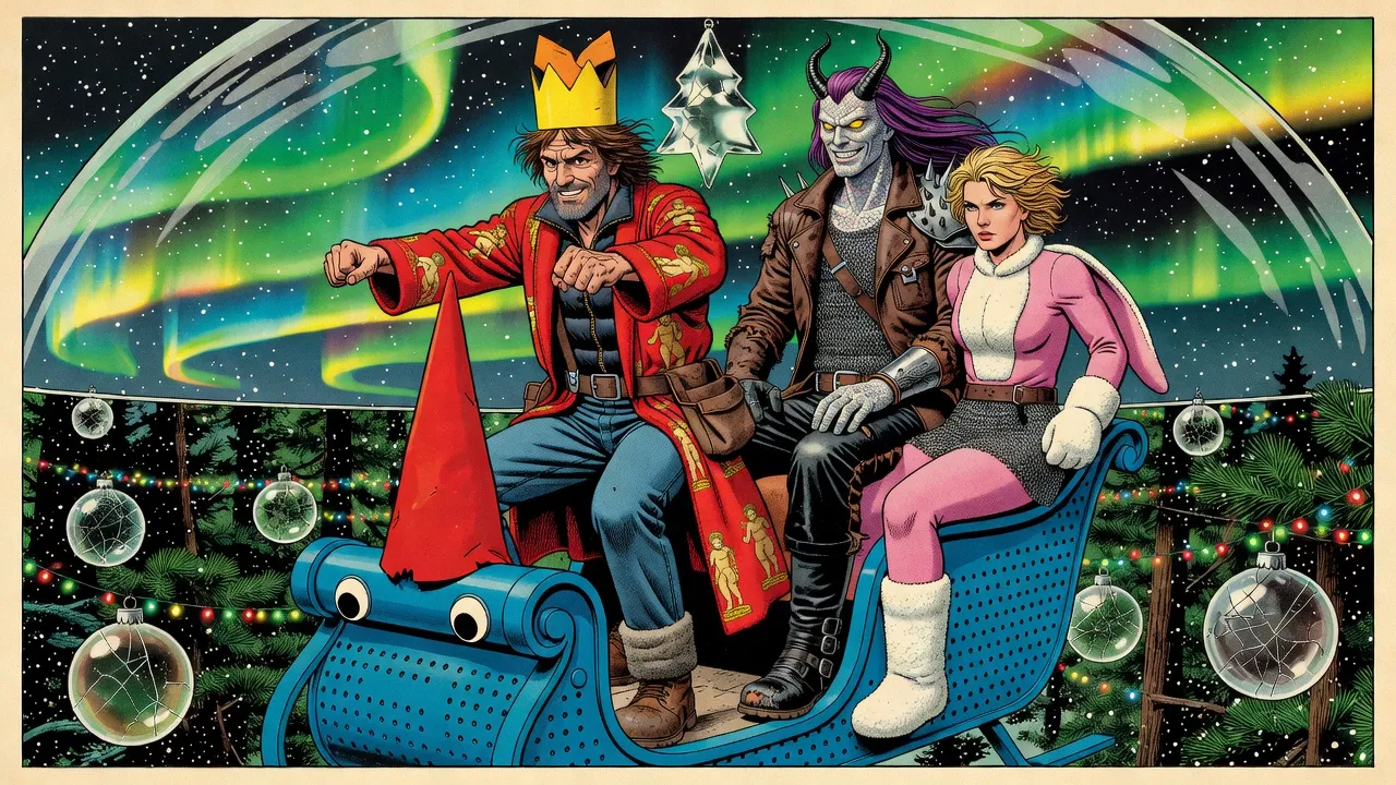 A blue rubber sleigh with googly eyes and a tall pointed red cap on its prow glides through a pine forest strung with Christmas lights under a glass-dome sky lit by an aurora, a bearded man in a red bathrobe and paper crown steering it with outstretched arms while a horned, scaly man and a woman in a pink bunny suit ride behind him.