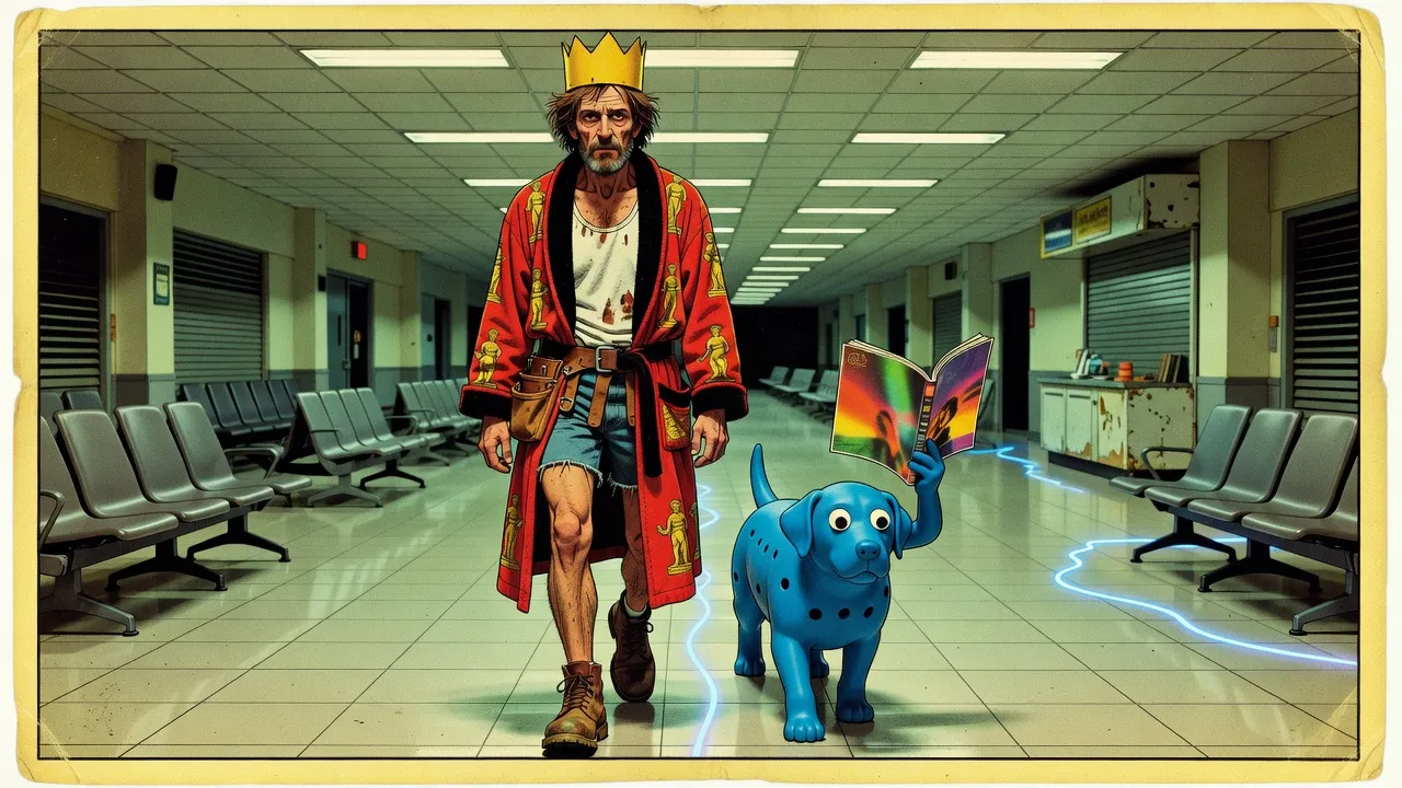 A bearded man in a red bathrobe and a paper crown walks an endless, empty airport concourse beside a blue rubber dog holding a magazine in an arm growing from its back, a thread of blue light leading ahead.