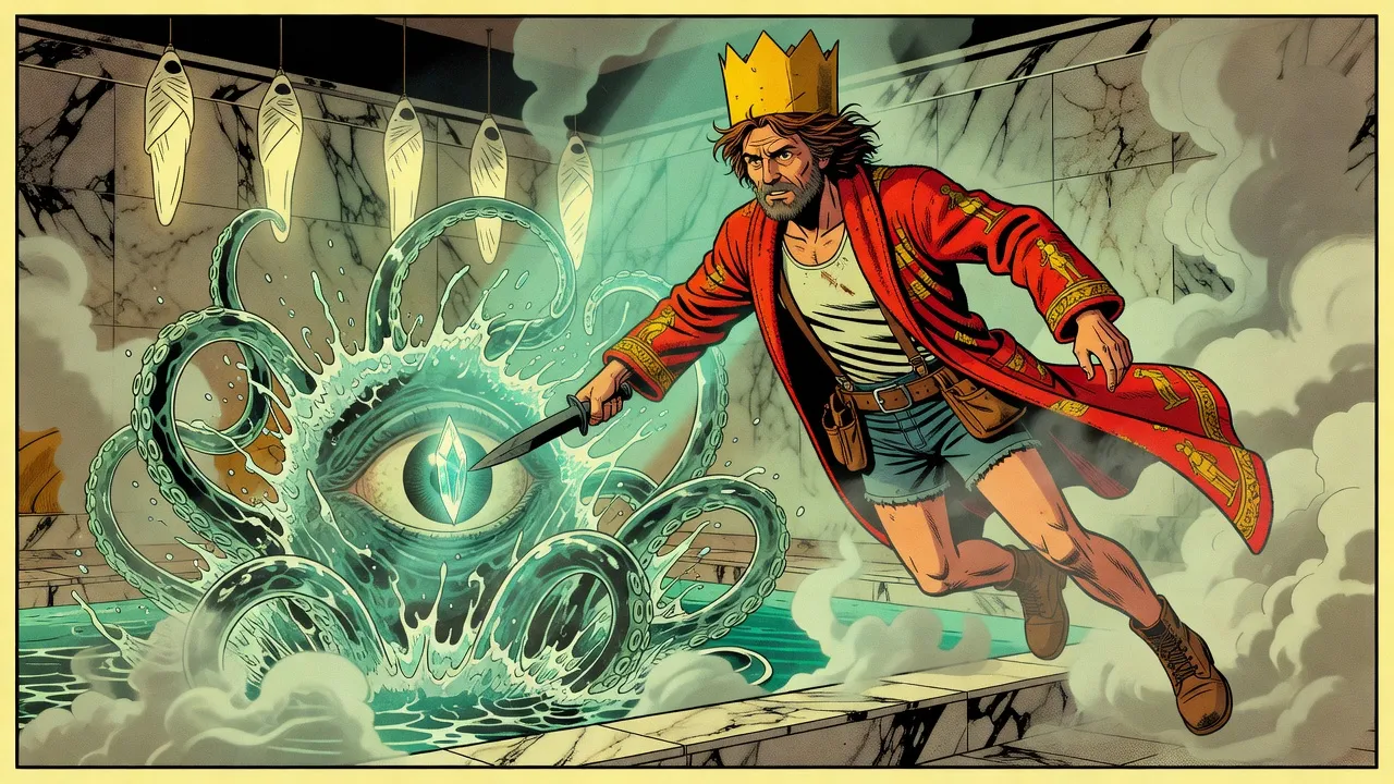 In a steamy marble spa, a whole swimming pool rises into a towering mass of watery tentacles around one great eye, and a bearded man in a red bathrobe dives headfirst toward it with a dagger.