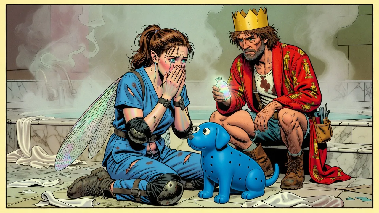 A grown woman with dragonfly wings and pointed ears, in grubby blue nurse scrubs, sits weeping on spa tiles among torn white silk while a blue rubber dog sits against her side and a crowned, bearded man in a red bathrobe crouches beside them holding out a small glowing bottle.