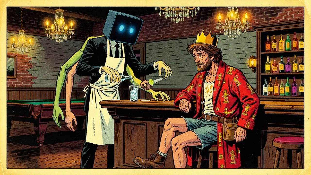 A tall four-armed golem bartender with a television screen for a head, in a black suit jacket and white apron, mixes a gin and tonic for a tired bearded man in a red bathrobe at a brick-walled bar under chandeliers.