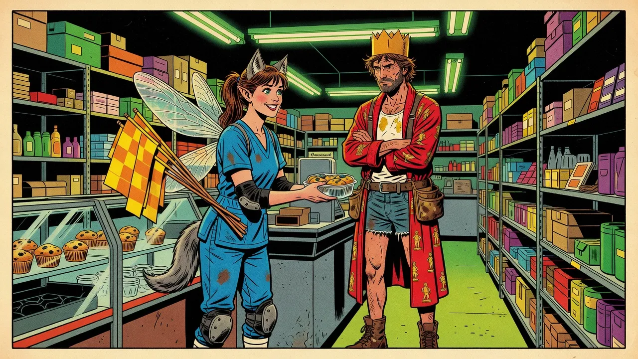 A grown woman with dragonfly wings, in blue scrubs and motocross pads, with costume wolf ears and a bushy tail and a bundle of checkered flags on her back, holds out a tub of muffins across a store’s checkout counter to a man in a red bathrobe.