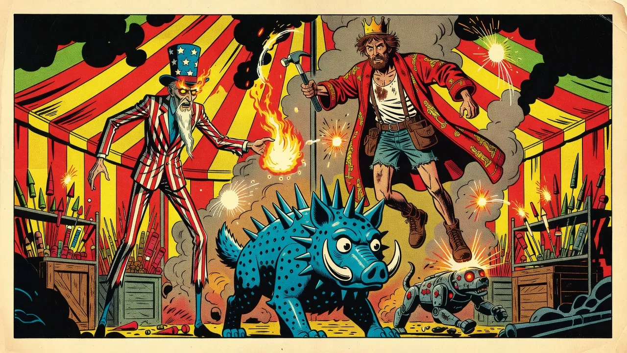 Inside a huge striped fireworks tent, a towering, stilt-thin figure in a stars-and-stripes suit and a starred top hat, with a long wispy white beard and burning eyes, hurls fire while a huge spiked blue rubber wolf charges armoured robot hounds.