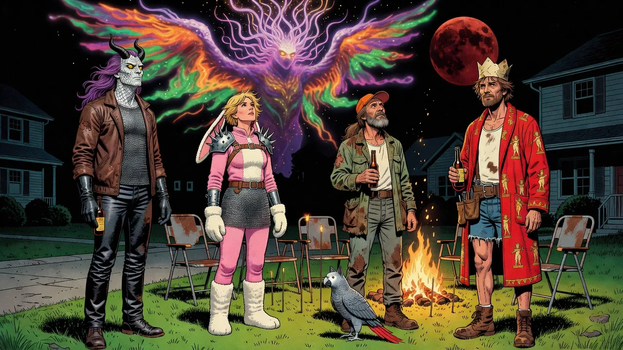 At night on a suburban lawn under a dark red moon, a horned scaly man, a woman in a pink bunny suit, a long-haired man in an orange cap and a crowned man in a red bathrobe stand before empty folding chairs by a bonfire, three of them holding beer bottles, looking up as a firework blooms into a vast winged shape crowned with tendrils, while a gray parrot stands in the grass.