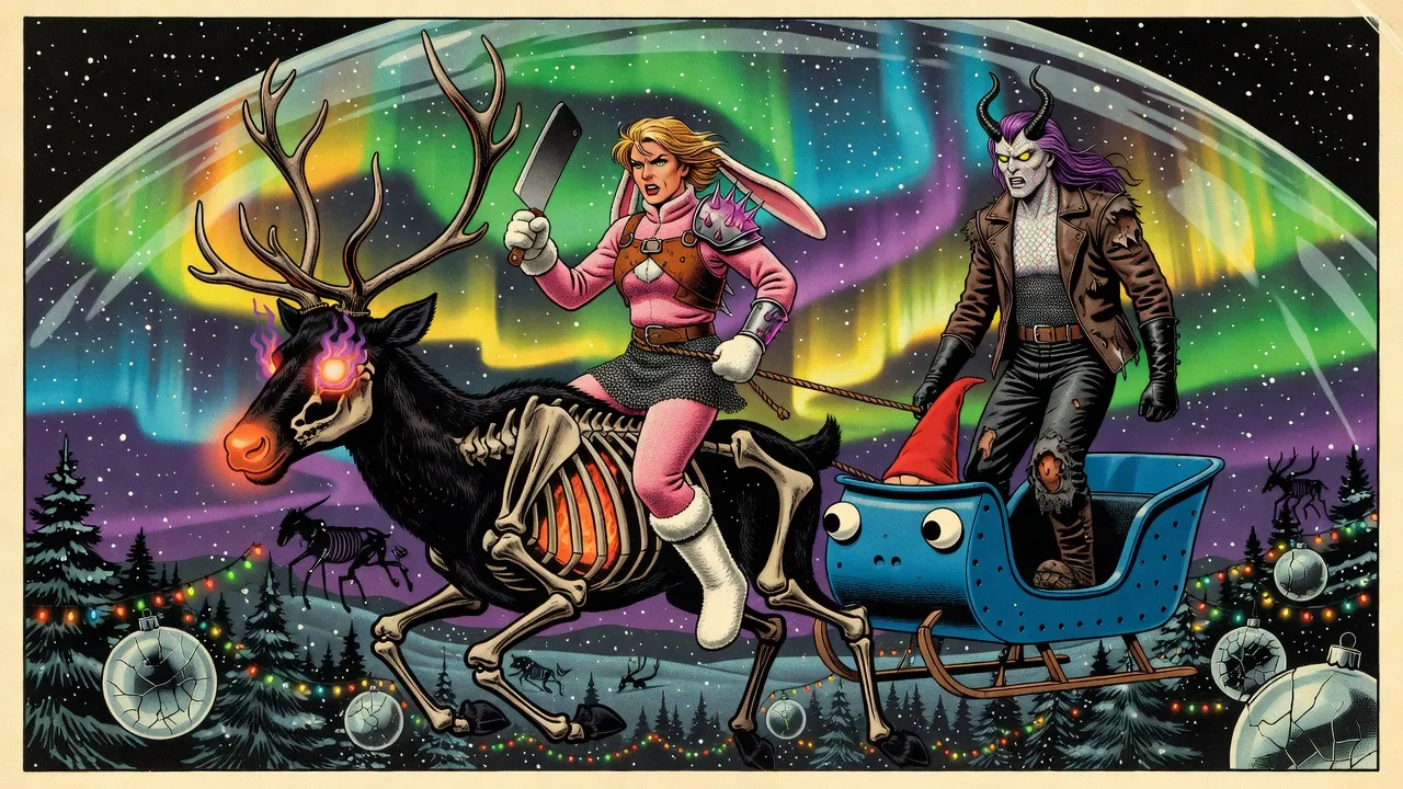 Under a glass-dome sky lit by an aurora, a woman in a pink bunny suit clings to the back of a skeletal black reindeer with a glowing red nose, a rope from her waist running back to a flying blue rubber sleigh.