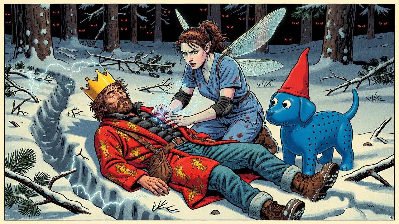 In a snowy clearing at night, a winged woman in blue scrubs kneels over a fallen bearded man in a red bathrobe with blue-white sparks crackling from her hands, while many pairs of red eyes glow among the pines.