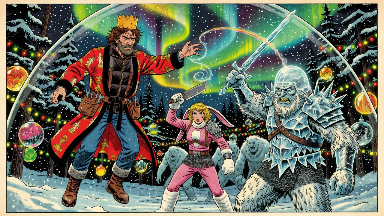 A hulking, white-furred figure in jagged armour of ice raises a crystal sword at a crowned bearded man in a red bathrobe floating above the snow, while a woman in a pink bunny suit with a cleaver faces a pack of shaggy yetis between them.
