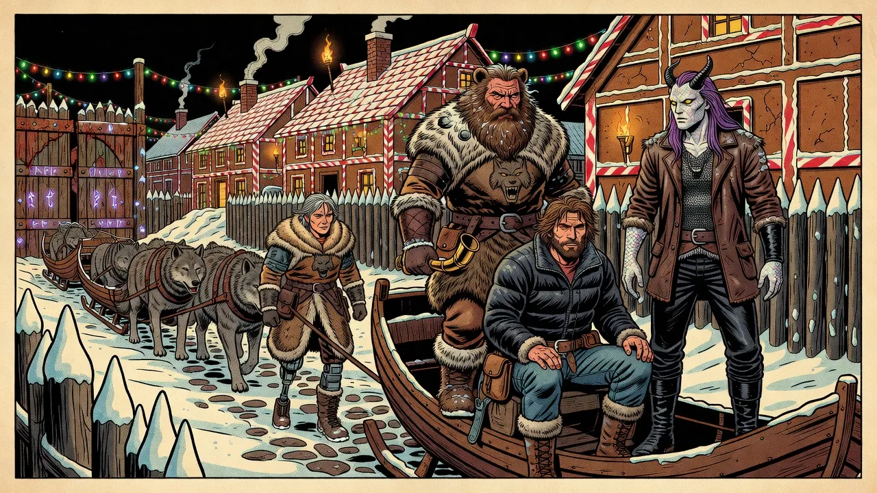 Two longboat sleighs drawn by huge wolves halt at a rune-lit gate in a stockade of sharpened pine logs, where a one-legged woman guard with a sleek prosthetic waits; beyond, gingerbread longhouses glow under strings of Christmas lights.