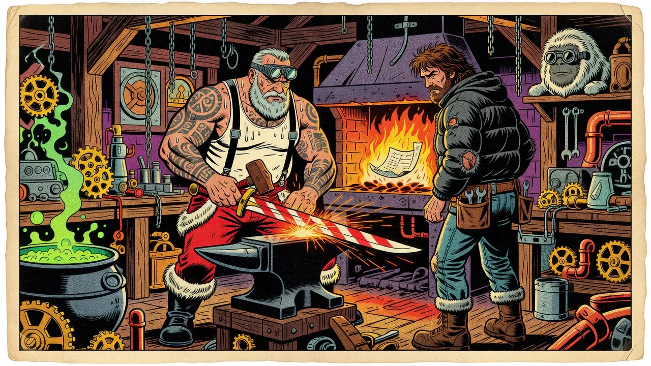 In a cluttered forge, a huge tattooed smith in a white tank top, red fur-trimmed trousers and black suspenders, welding goggles pushed up on his brow, hammers a red-and-white striped broadsword on an anvil.