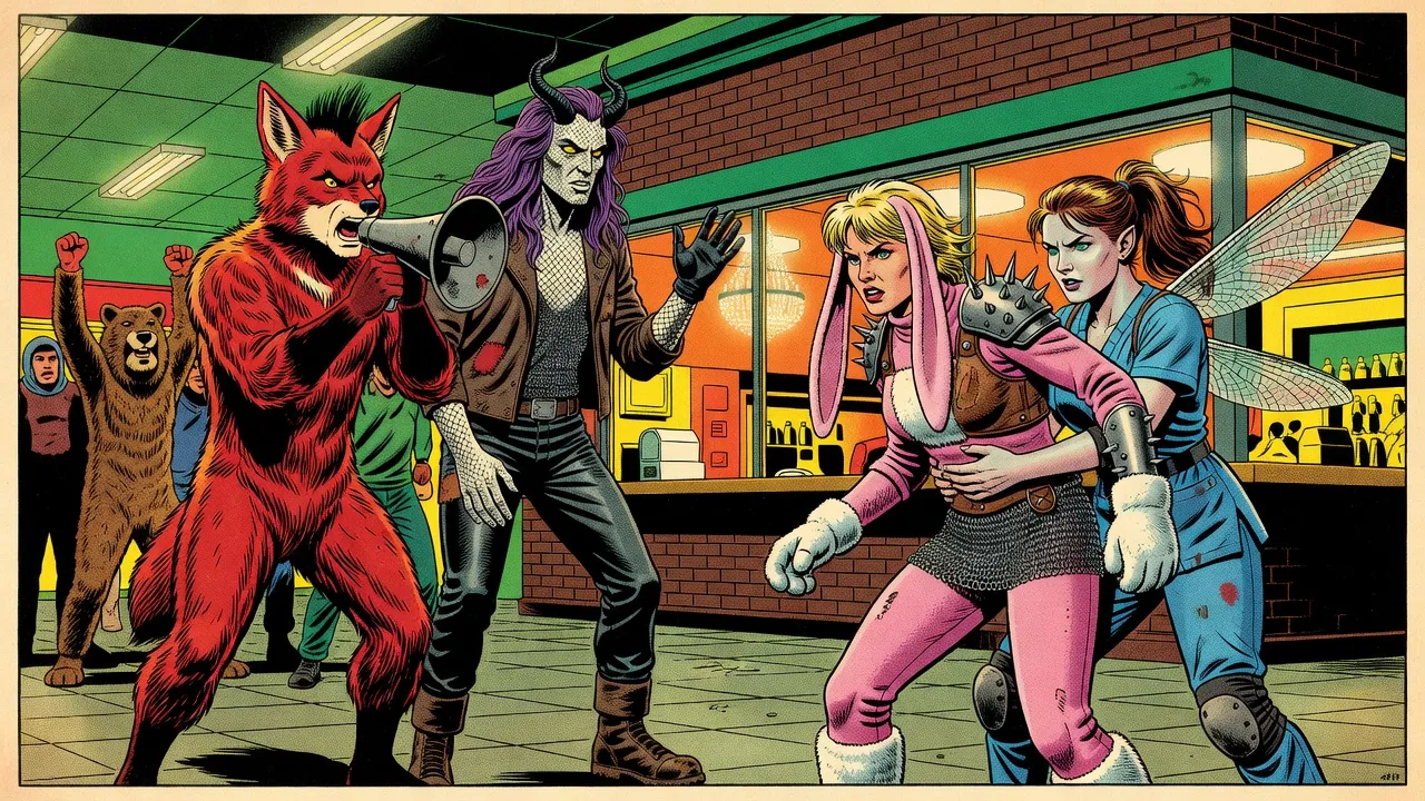 Outside a brick-fronted bar inside a store, a man in a shaggy crimson fox costume shouts through a megaphone, while a winged woman in blue scrubs holds back a furious woman in a pink bunny suit.