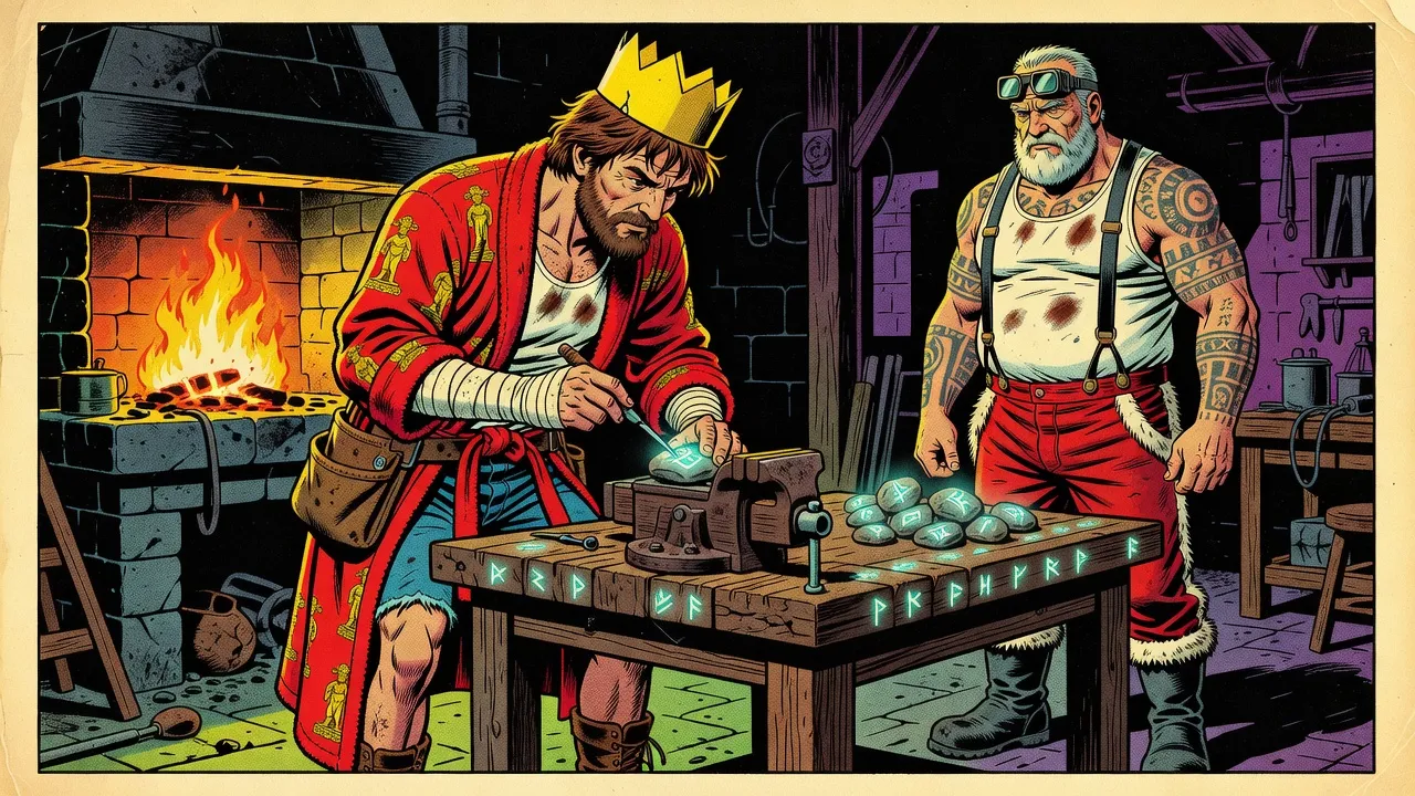 At a rune-inlaid worktable in a firelit forge, a crowned bearded man in a red bathrobe, one forearm in a white bandage, carves a glowing symbol with an awl into a stone held in a vise, while a huge tattooed smith in red fur-trimmed trousers watches him with folded arms.