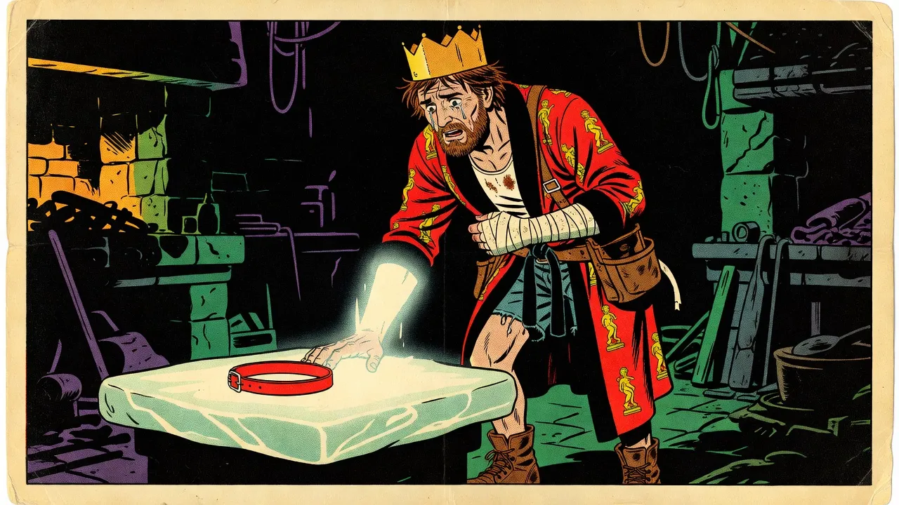 In a dim forge, a bearded man in a red bathrobe presses his palm to a glowing crystal table beside a bright red dog collar, tears running down his face.