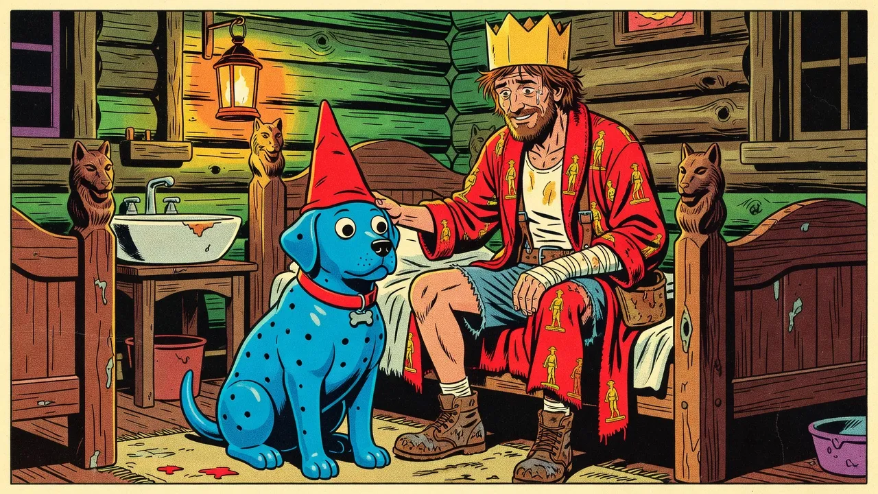 In a firelit inn room with heavy wooden beds, a blue rubber dog with googly eyes and a pointed red cap sits proudly upright in a new bright red collar while a bearded man in a red bathrobe and paper crown, sitting on a bed, rests one hand on its head.