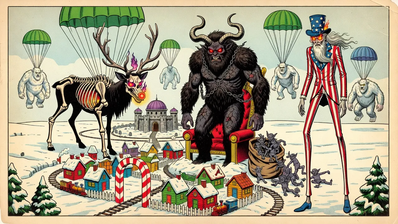 Ghostly green parachutes drift down over a toy-like mall Christmas village with a candy-striped arch and a miniature train, toward a towering horned, black-furred giant rising from a red velvet throne amid swarming goblins.