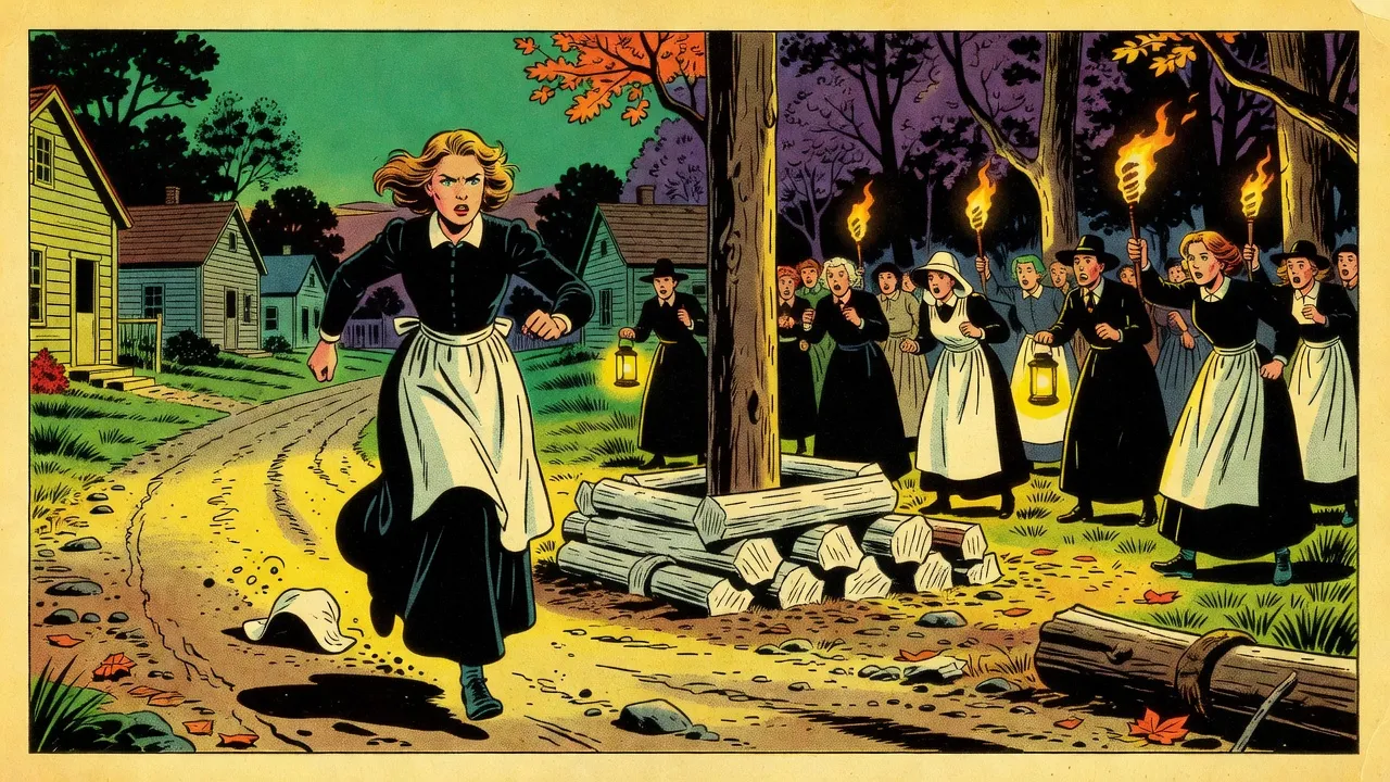 At dusk on the edge of an autumn forest, a young woman in a black Puritan dress and white apron runs for the trees past an unlit pyre while a crowd with torches and lanterns stands frozen behind her.
