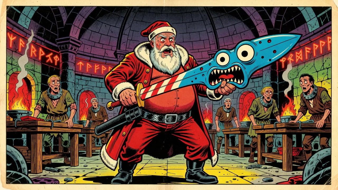 In a rune-lit stone forge hall, a huge white-bearded man dressed as a fur-trimmed Santa draws a red-and-white striped sword that is swelling into a blue rubber mouth full of teeth, while gaunt workers in iron collars stare from their benches.