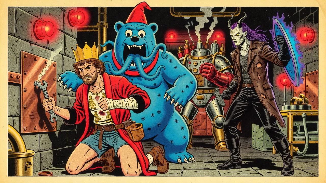 Under strobing red alarm light, a crowned bearded man in a red bathrobe, one forearm in a white bandage, wrenches at a bolted copper panel while a huge blue rubber bear-like monster in a red cap and collar guards his back and a steam-powered armoured giant faces a horned shield-bearer behind them.