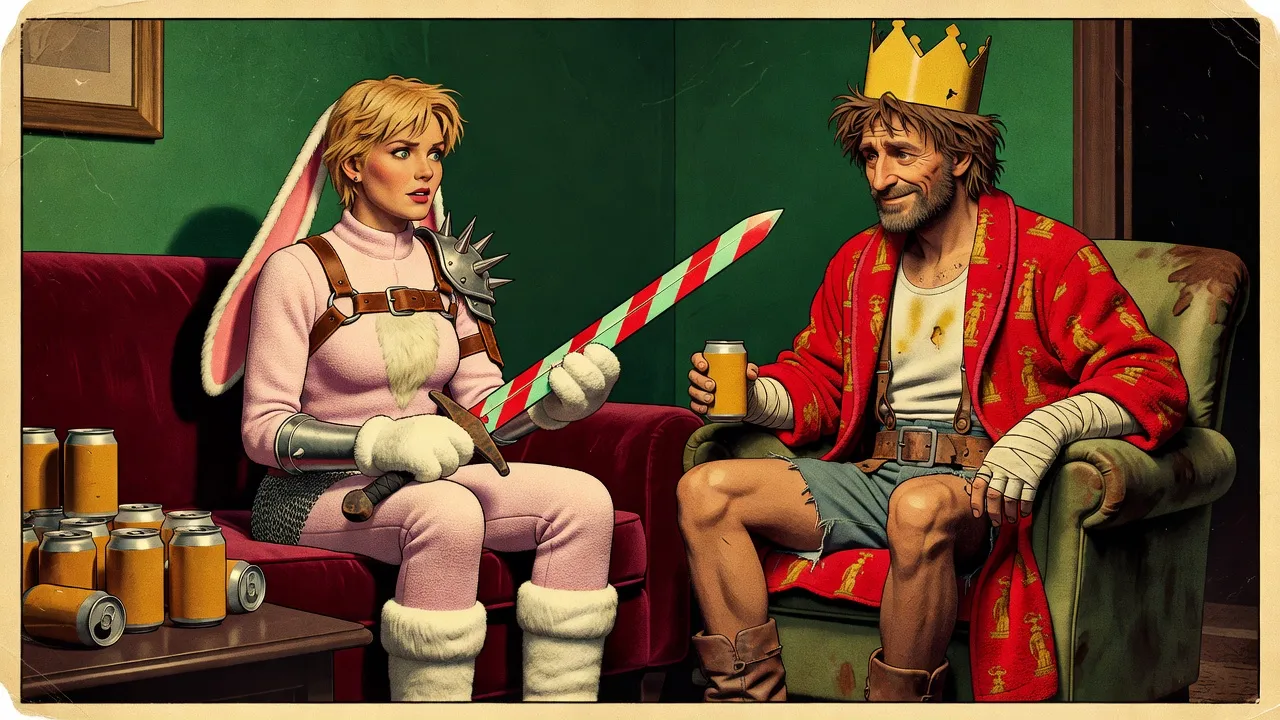 On a sofa in a lamplit room, a woman in a pink bunny suit turns a great sword of red, white and pale-green striped steel in her hands, while a crowned bearded man in a red bathrobe, his hands in white bandages, sits in an armchair across from her with a beer can.