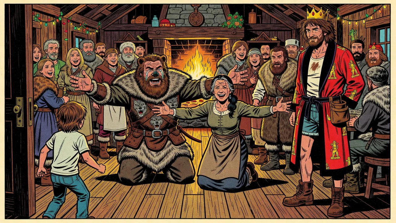 In a crowded firelit tavern, a big bearded man in furs and a dark-haired woman with silver in her hair kneel with their arms flung wide, weeping with joy, while a thin boy seen from behind hurries in through the door toward them and a man in a red bathrobe and paper crown watches from the side.