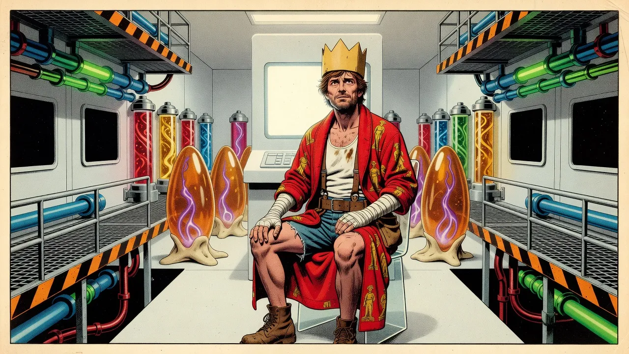 In a white laboratory, a crowned, bearded man in a red bathrobe, both forearms wrapped in white bandages, sits in a glassy chair before a towering white computer terminal, ringed by tall amber pods veined with violet light and racks of coloured fluid.
