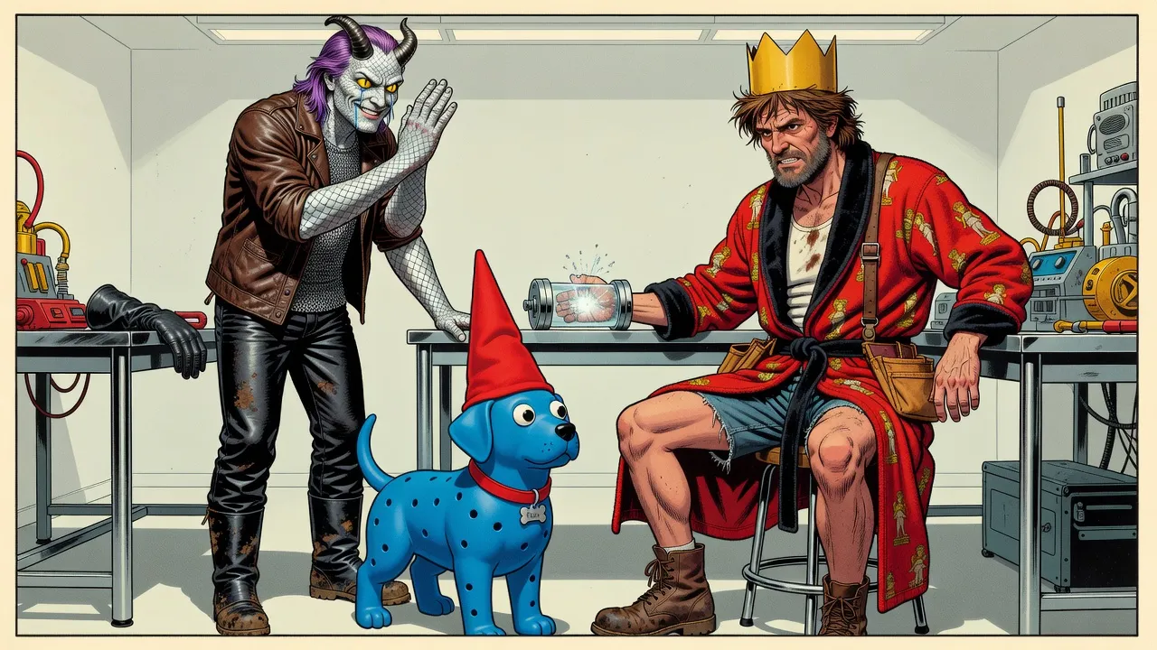 A horned man covered in white scales, his leather glove off on a steel table, holds up a whole scaled arm with wet eyes, while a blue rubber dog in a red cap looks on and a crowned bearded man in a red bathrobe sits gritting his teeth with one hand inside a glowing glass cylinder.