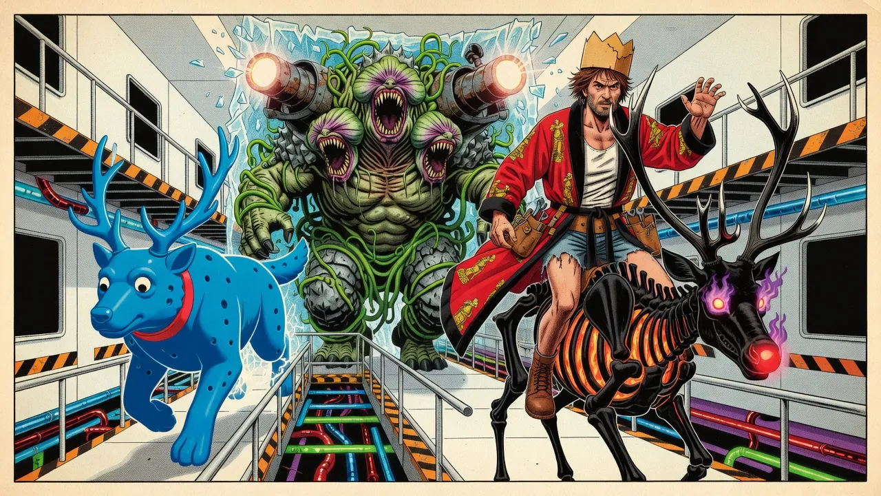 Down a white catwalk corridor, a hulking three-headed green hive monster with cannons on its shoulders smashes through a wall of ice, chasing a crowned bearded man riding a skeletal black reindeer, with a blue rubber elk-like dog in a red collar running alongside.