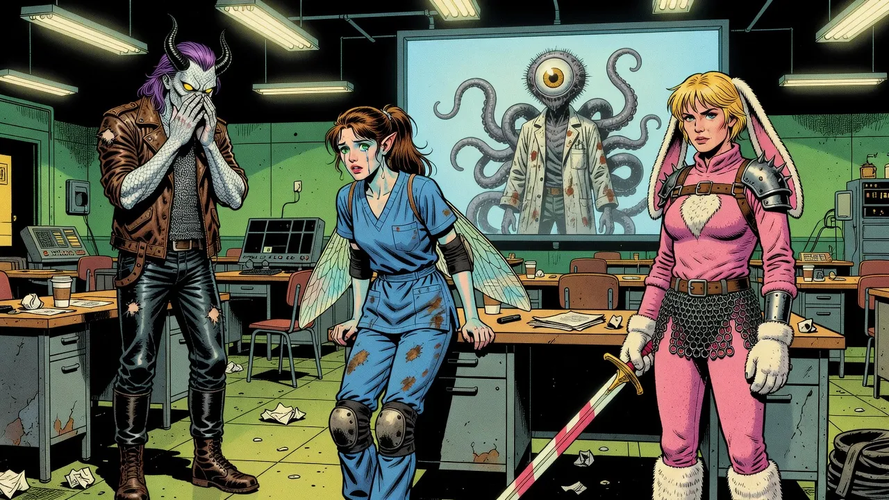 In a deserted control room strewn with papers, a large screen shows a tentacled figure in a white lab smock with one enormous lidless gold-ringed eye, while three stricken companions stand frozen before it.
