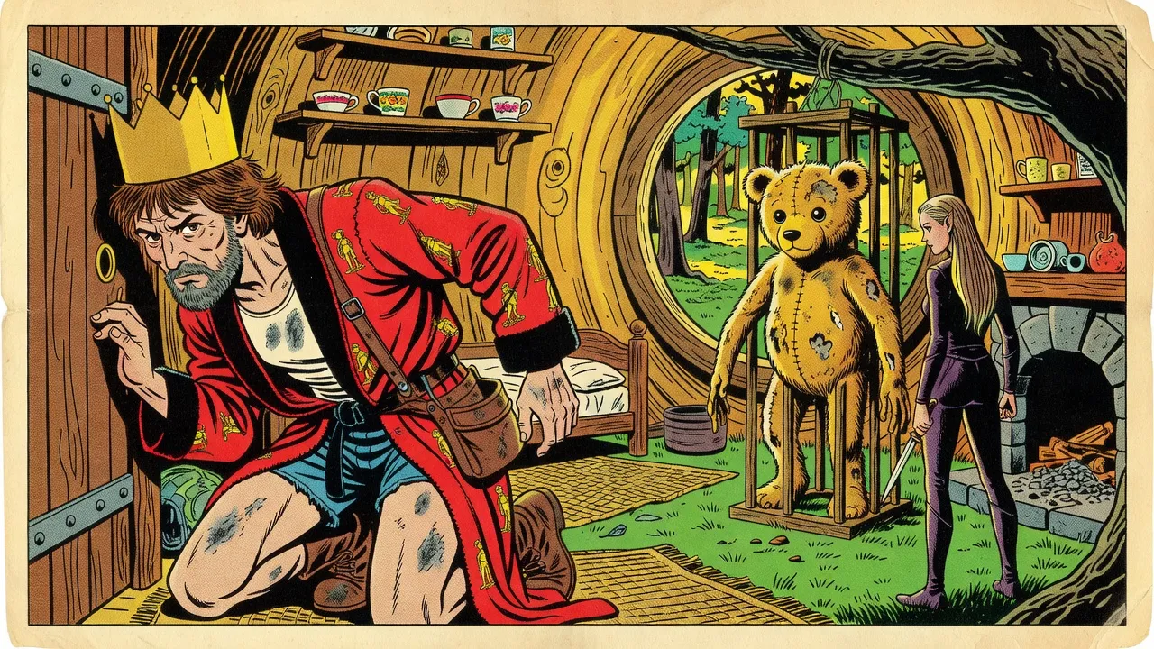 Inside a cosy tree house of honey-coloured wood with teacups on the shelves, a crowned bearded man in an ash-smeared red bathrobe crouches at a low peephole in the door; through a big round window beside him, a battered teddy bear stands in a wooden cage in a forest clearing while a tall pale-haired woman in dark leathers with a knife stands beside it, seen in profile.