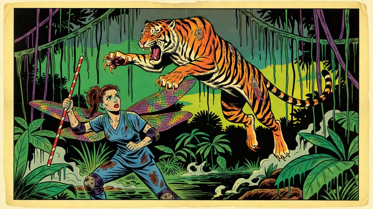 In a steaming jungle at twilight, a striped tiger-like beast springs off a coiled ring of tail with scythe-like claws spread, and a winged woman in blue scrubs braces a candy-striped staff across her body to block it.