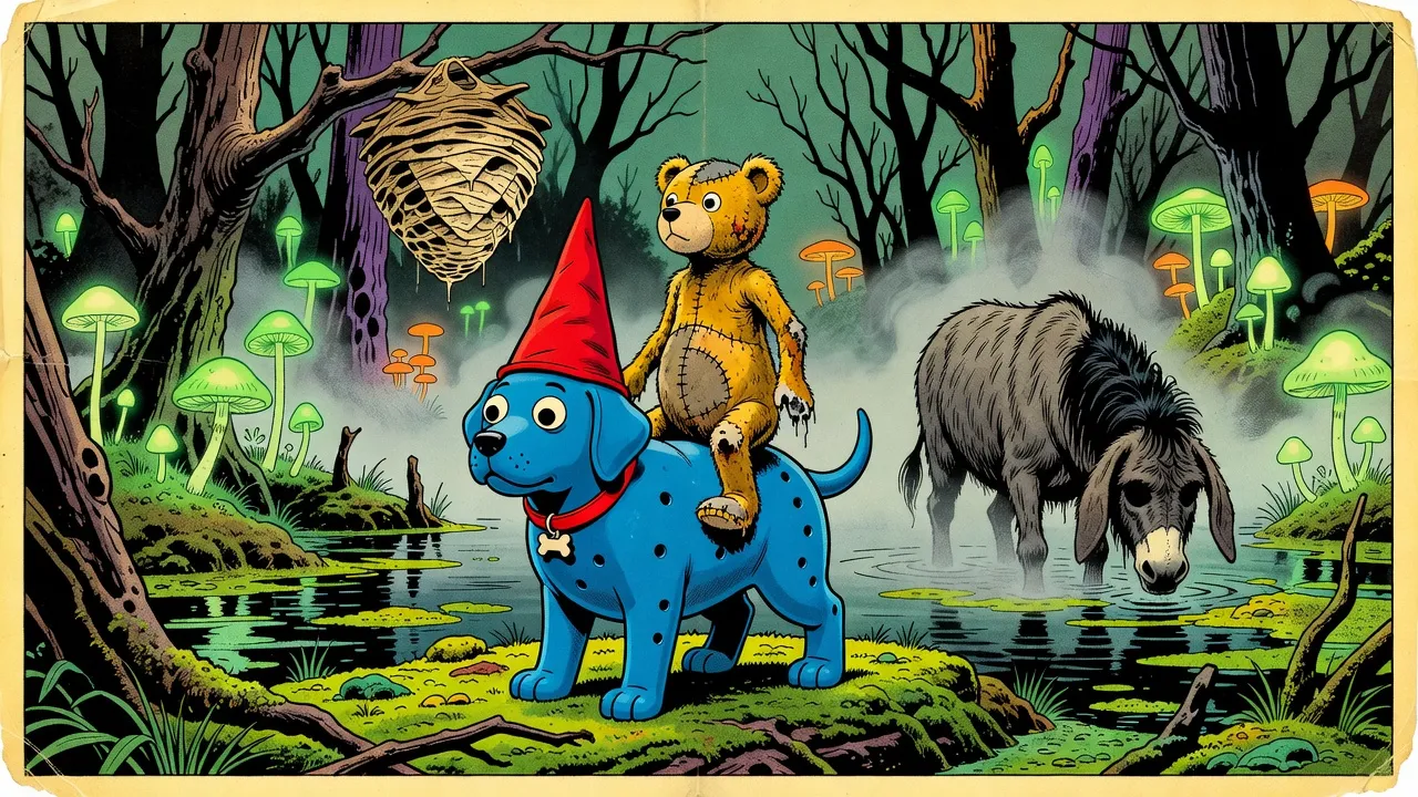 In a misty bog lit by tall glowing mushrooms, a battered teddy bear rides on the back of a big blue rubber dog, while a huge shaggy, eyeless donkey-like creature lumbers through the mist nearby.