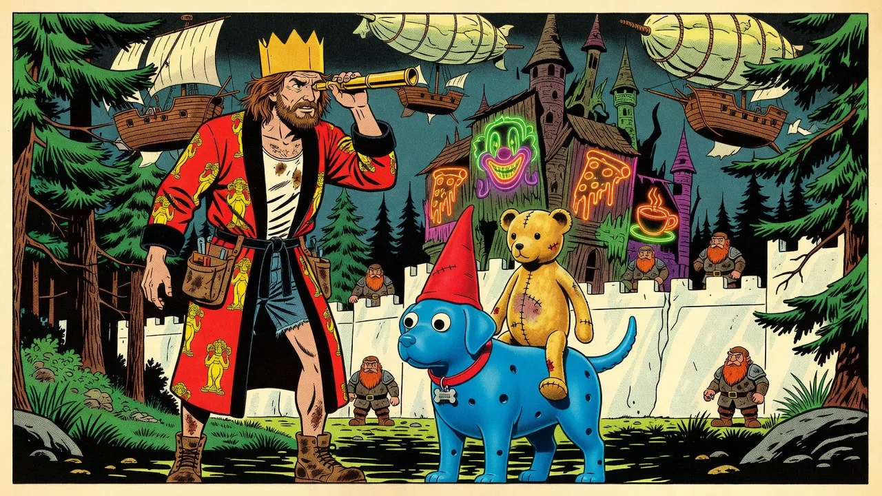 From a dark treeline, a bearded man with a brass spyglass and a teddy bear riding a blue rubber dog look across at towering white stone walls patrolled by armoured dwarves, a leaning fairy-tale castle drowned in garish neon beyond, and pirate ships hanging in the sky from pale stitched blimps.