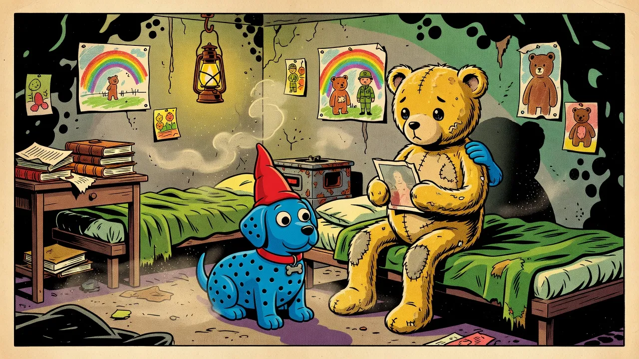 In a dusty concrete bunker room hung with childlike paintings, a battered teddy bear sits on an army cot holding a faded photograph, while a blue rubber dog rests one paw on his shoulder.