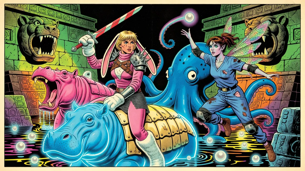 In a flooded stone arena carved with glyphs, a woman in a pink bunny suit rides a neon-blue armoured hippo with a peppermint-striped sword raised, while a giant blue rubber octopus tosses a glowing pearl to a winged woman.