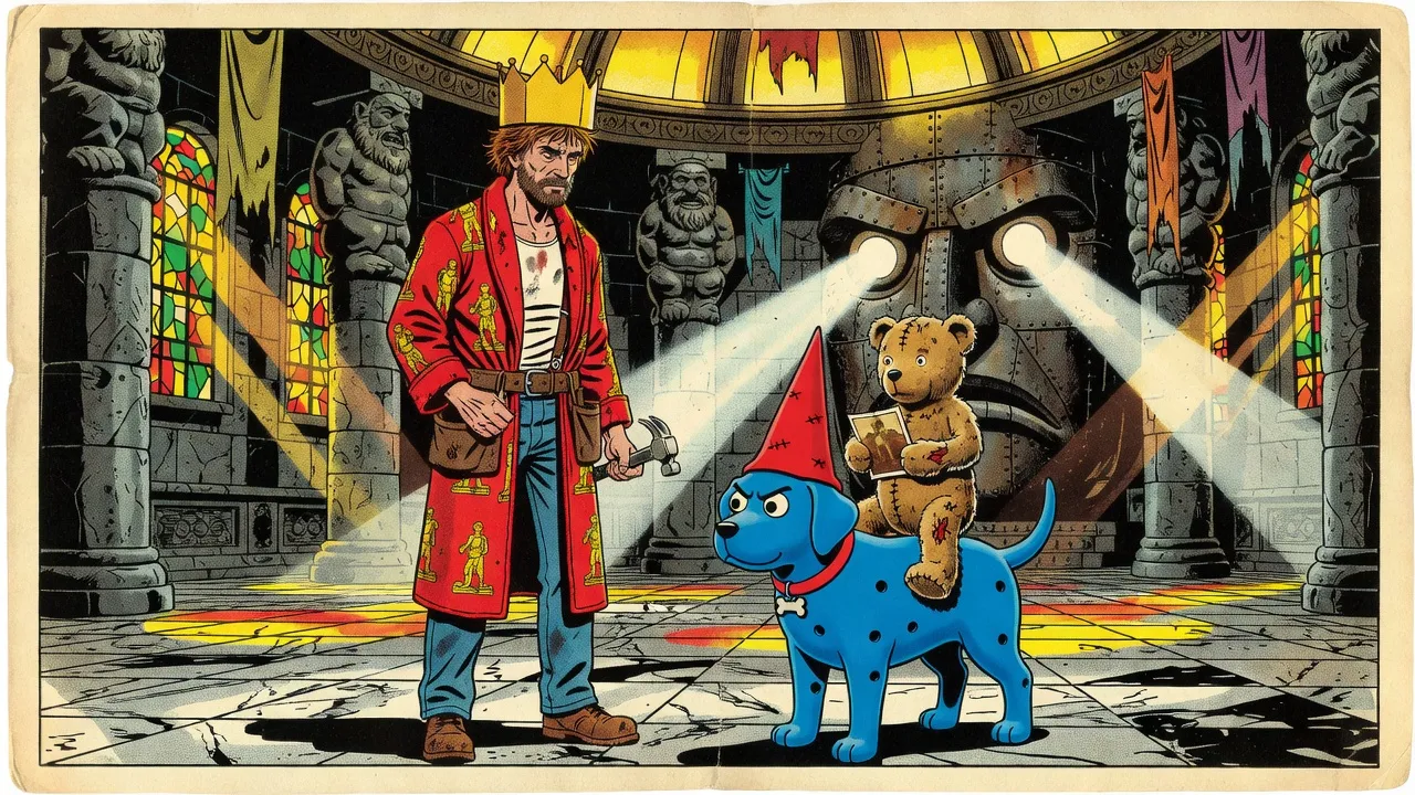 In a vast granite throne hall under a golden dome held up by pillars carved as straining dwarves, a giant metal face juts from the far wall with blazing white searchlight eyes, facing a bearded man in a red bathrobe and a teddy bear riding a blue rubber dog.