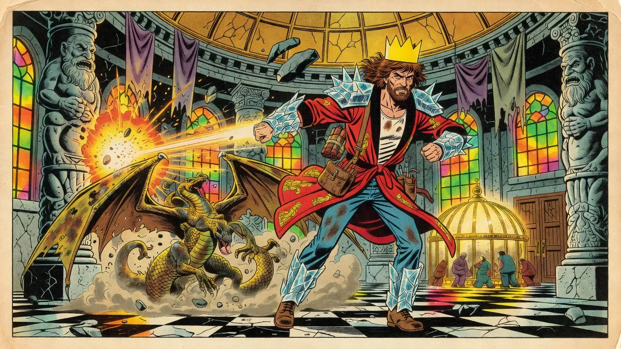 In a collapsing throne hall, a crowned man in a red bathrobe and jeans, in plates of ice armour with dynamite at his side, thrusts a fist at a burst of fire that blasts a stone pillar carved as a straining dwarf, while a winged yellow serpent rears in the dust beside it and his friends shelter under a glowing golden birdcage by the far doors.