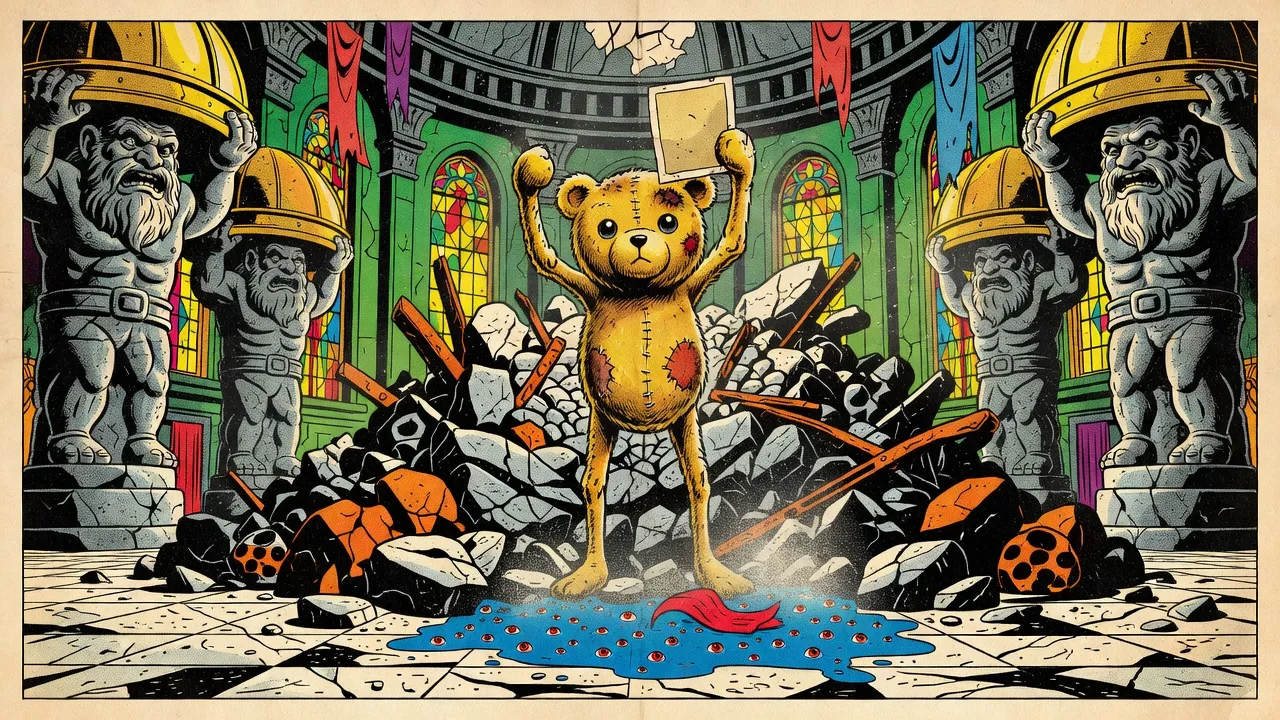 On a heap of rubble between pillars carved as straining dwarves, a small battered teddy bear stands with both arms raised, holding up a faded photograph like a shield, while a puddle of blue goo dotted with small eyes and a red collar lies at his feet.