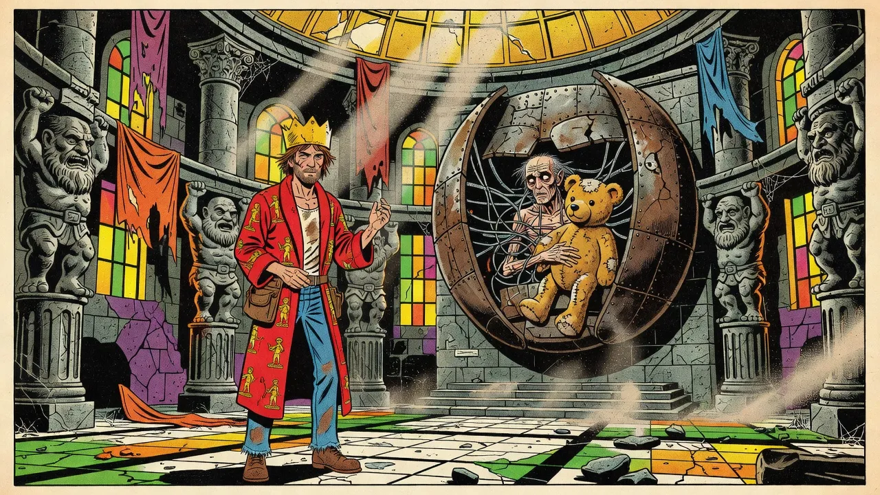 High on a throne-room wall a giant metal face has split open like a shell; inside, in shadow, a frail old man threaded with cables cradles a small teddy bear, while a bearded man in a red bathrobe looks up from below.